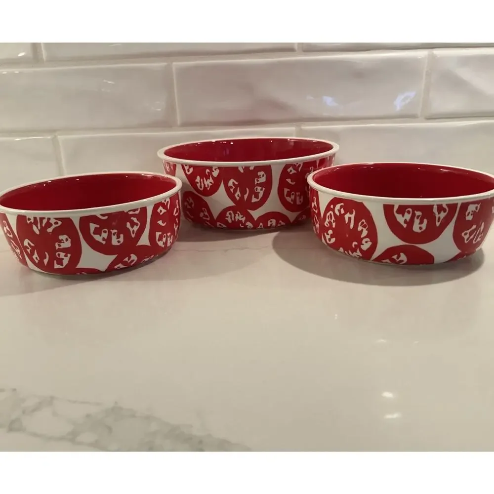 Crate & Barrel set of 3 Ceramic Red‎ & White Pattern Nesting Bowl Serving Set